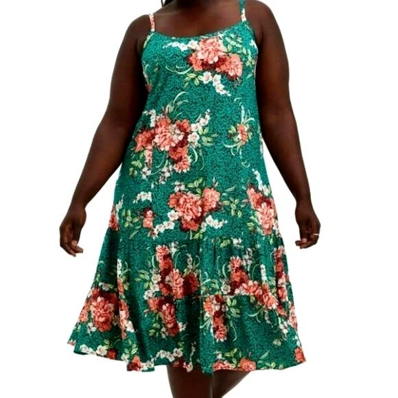 TORRID 3X Green Floral Leopard Print Midi Dress Sleeveless Tiered Ruffle Pockets - Picture 1 of 9